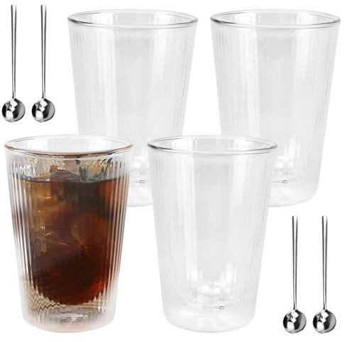 REFORUNG Lot de 4 Tasse à Café Double Paroi, 350 ml Verres à Thé Ondulés Tasse de Latte Macchiato Verre Tasse Ensemble Verres à Expresso Verres à thé et à café avec 4 Cuillères pour Café, Jus,Latte