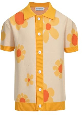 OXKNIT Blommor pikétröjor golfpikétröjor för män, vintage stickade casual kortärmade t-shirts skjorta för sommar med knapp, bomull andas, tillgänglig, Retro gula blommor, L