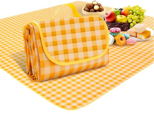 JYJLLM Picnic Blanket Waterproof,picnic blanket waterproof 150x200CM, Foldable Washable Beach Mat Picnic Mat with Carrying Handle, Outdoor Beach Blanket for Camping Park Hiking (Yellow grid)