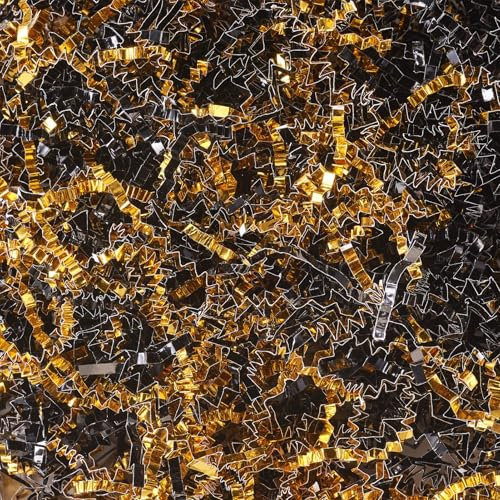 Beadthoven Geschreddertes Seidenpapier, Bast, Geschenkfüller, Papierschnipsel, Boxkorb, Bastelpapierschnur für Ostern, Weihnachtsboxen, Verpackung, Dekorkorb, Füllung, Gold und Schwarz, 100 g