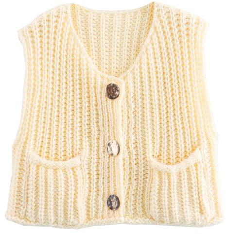 OLIPHEE Pull sans Manche Femme Pull Court Col V Gilet Femme Gilet Tricoté Veste Couleur Unie Sweater Casual Basique Élégant Cardigan Tricoté Printemps Automne Blanc S