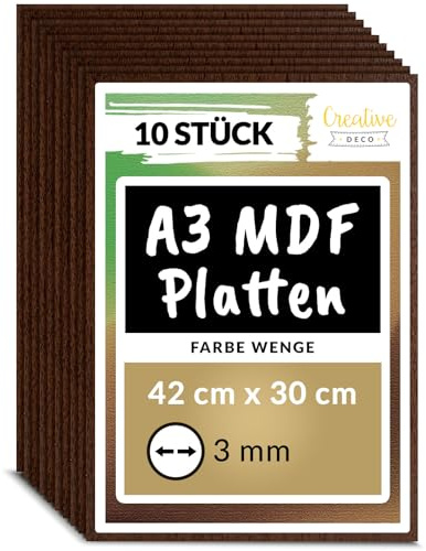 Creative Deco Lot de 10 feuilles de panneau MDF marron A3 | 420 x 300 x 3 mm | Bois vierge pour dessin, décoration d'intérieur, art et artisanat, peinture, projets de bricolage, découpe laser, découpe