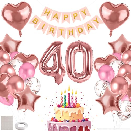 MIEWAA Globos 40 Cumpleaños Mujer, Adornos Fiesta Decoracion 40 Años Cumpleaños con Banner HAPPY BIRTHDAY, Globo Foil Número 40 Grande, Corazón y Estrella, Globos Latex y Confeti Rosa