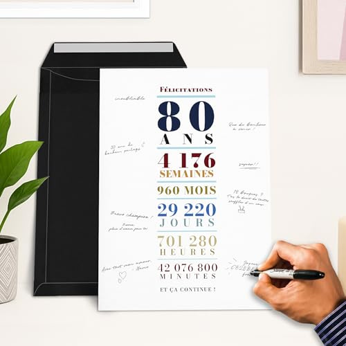 UTTSCHEID Carte Souvenir Personnalisable Élégante – Idéale pour Anniversaire, Mariage, Retraite – Affiche Typographique Verticale – Alternative au Livre d’Or (Sans cadre, 80 Ans)