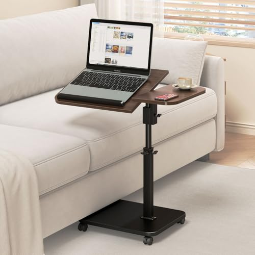 Adjustable Height C Shaped End Table with Wheels,360°Swivel Side Table, Top Tilting Laptop Stand TV Table for Sofa/Bed, Couch Tables that Slide under,Small Coffee Table for Living Room(Walnut)