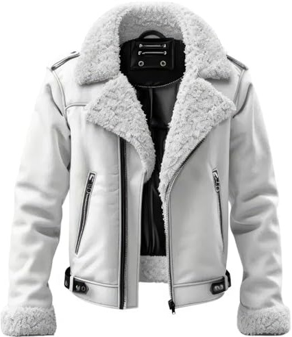 Genuine Leather Bomber Shearling Jacket Men Sheepskin Mens Winter Leather Coat (US, Alpha, Large, Regular, Regular, WHITE)