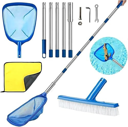 Pool Kescher mit Teleskopstange, Teichkescher Feinmaschig, Laubkescher Pool mit Poolbürste, Bodenkescher Pool, Pool Reinigungsset, für Schwimmbad, Spas, Teich, Whirlpools, Planschbecken (225cm)
