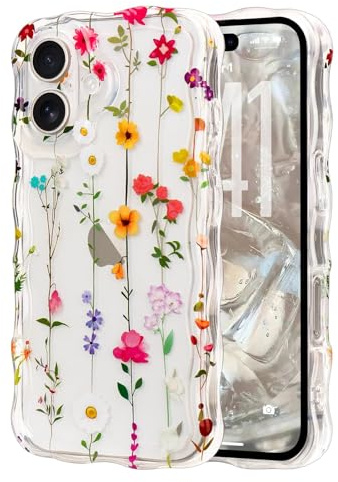 Micoden Cute Curly Wave Case for iPhone 17,Clear with Anti-Yellowing Flower Floral,Soft TPU Slim Bumper Shockproof Anti-Scratch Protective Wavy Cover for Girls Women-Yellow