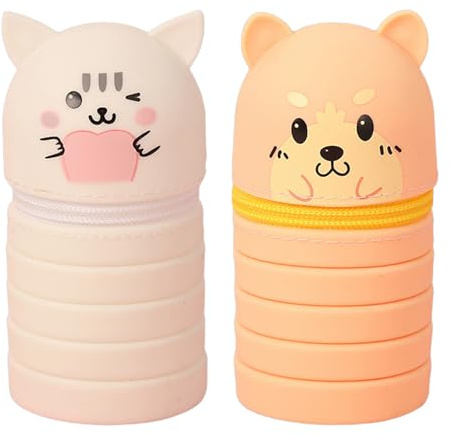 BUBEFSKD Lot de 2 trousses à crayons de dessin animé - Fermeture éclair - Sac à crayons télescopique - En silicone - Pour étudiant - Organisateur d'outils, Yellow Plus White