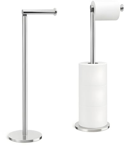 FB FunkyBuys Black Freestanding Toilet Roll Holder – Durable Stainless Steel, 2-in-1 Toilet Paper Holder, Holds 1 Roll & Stores 3, Anti-Slip Base for Stability (Chrome)