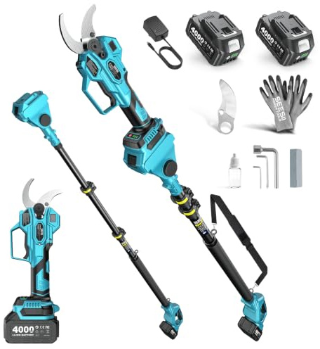 Potatore telescopico 2-in-1 SEESII: potatore elettrico cordless con diametro di taglio da 40mm, 2 * 4,0 Ah batterie, lama SK5 di ricambio inclusa e 4 modalità di taglio regolabili per alberi e piante