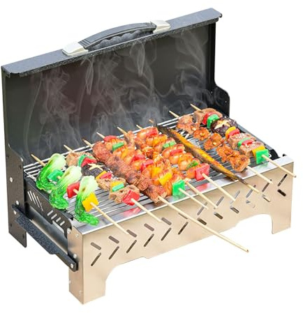Bärbar kolgrill ingen montering krävs BBQ med enhandsbärhandtag vindtät och rökkontroll vikbar mini-grill för camping och baklucka lätt att bära