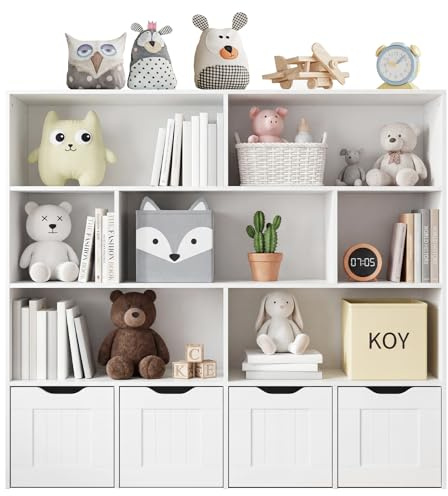 Panana Kids Bookshelf and Toy Storage Organizer,3-Tier 7 Open Shelves,4 Drawers with Wheels,Toy Storage Organise for Kids Room,Nursery,Bedroom,Playroom