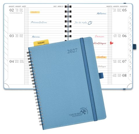 POPRUN Agenda 2027 Semainier Format Moyen(21,8 x 16,4cm),Vue Horizontale | Planner de 12 Mois(Jan 2027-Déc 2027),Couverture Souple Spirale,1 Règle-signet,Papier 100g/m²,Aigue Marine