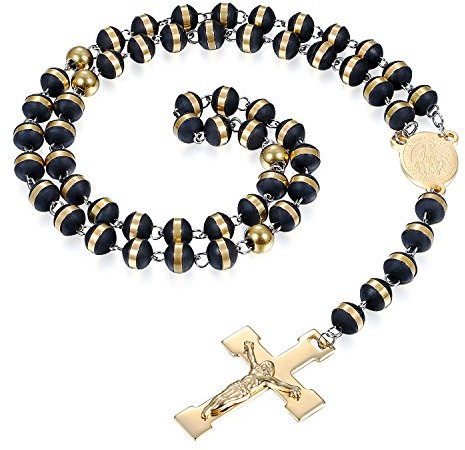 JewelryWe Schmuck Herren Damen Halskette, Retro Jungfrau Maria Jesus Christus Kruzifix Kreuz Rosenkranz Anhänger mit 60cm Kugel Kette, Edelstahl Gummi Kautschuk, Gold Schwarz
