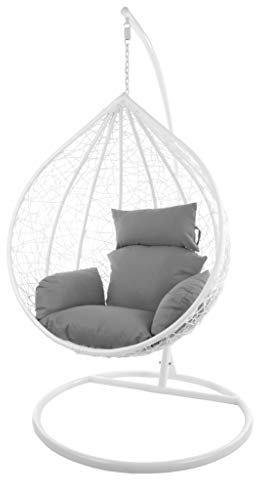 KIDEO Komplettset: großer Hängesessel mit Gestell & Kissen, Korbsessel, Poly-Rattan (Korb & Gestell: weiß, Kissen: grau Nest (8010_Cloud))
