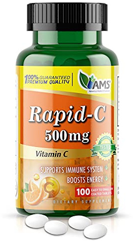 America Medic & Science Rapid-C 500mg Vitamin C Supplement (1 Pack of 100 Tablets) Energy Booster, Daily Immune System Support, Antioxidant | Vegan, Non-GMO Coated Ascorbic Acid for Adult Men & Women