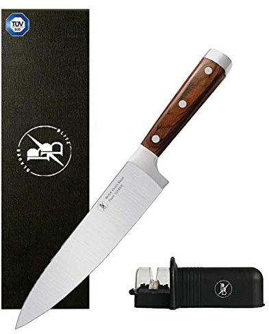 BlauerBlitz® Mainzer Klassik Kochmesser Küchenmesser 20cm Klinge inkl. Messerschärfer, Edelstahl und Pakkaholz, rostfrei, extra scharfes Chefmesser Profi Allzweckmesser, ergonomischer Griff, handlich