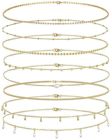Tornito 8Pcs Waist Belly Chain 18K Gold Plated CZ Pearl Bead Belly Chain Summer Beach Sexy Body Chains Jewelry Accessories for Women Adjustable