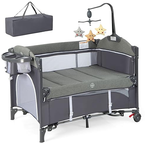 RELAX4LIFE 5 en 1 Cuna Bebé con 5 Alturas Ajustables, Cambiador, Colchón, Caja Música, Juguetes Colgantes y Bolsa de Transporte, Cuna de Viaje con 2 Ruedas Bloqueables para Bebés 0-3 Años (Azul)
