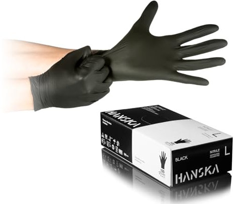 HANSKA 100 Guanti Monouso Nitrile Neri - Senza Polvere - Usa e Getta- Ambidestri - Non Sterili - Base di Gomma - Adatti per Ambiti Medici, Manipolazione degli Alimenti (100, L)