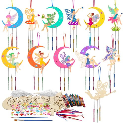 HONMOK 12 Stück Fee Windspiel Bastelset Kinder Holz Windspiele Basteln Feen Klangspiel Bastelhandwerk zum Bemalen Kreativsets Geschenke für Mädchen Geburtstag Party