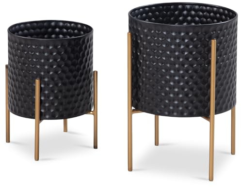 FineBuy Blumentopf 2er Set Metall Pflanzkübel Schwarz/Gold mit Füßen, Design Pflanzenkübel Rund Indoor, Blumenkübel Pflanzgefäß mit Waben-Muster in 3D