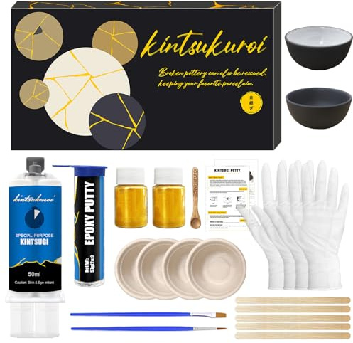 Kintsugi-reparationssats, Kintsugi Craft, reparera din meningsfulla keramik med guldpulverlim och epoxiknådning, Kintsugi-keramik-reparations-startset, med två keramiska koppar