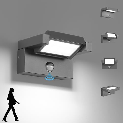 Lampada da esterno con sensore di movimento,applique esterno impermeabile IP65 bianco freddo 6500K,applique da parete per esterni/interni con pannello orientabile a 350° per terrazza,Grigio scuro