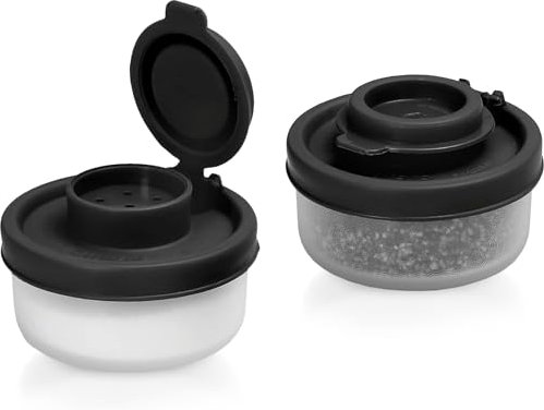 2Pcs Salt and Pepper Pots – Salt and Pepper Shakers – Non-Toxic Salt and Pepper Set for Home, Camping, Picnics, Lunch Boxes – Transparent Salt Pepper Set, Salt and Pepper Shakers (Small Black)