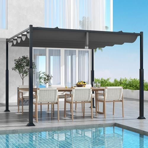 GOPLUS Pergola Terraza 3,1 x 3,1 M con toldo retráctil deslizante, pérgola exterior de metal resistente con parasoles con estacas de suelo, para patio, terraza, jardín, porche, gris