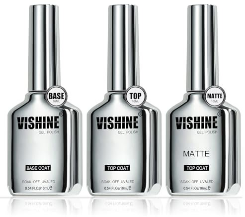 Vishine Set di 3 smalti gel semi-permanenti da 16 ml, base gel no wipe, top coat e opaco, finitura opaca, lucida e a lunga durata, soak off per unghie gel