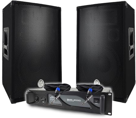Pack Sono DJ BM Bmsonic Amplificateur BMS2000 2000W, Paire d'Enceintes Passives BMS12 2x600W, Câbles, Sonorisation Pro