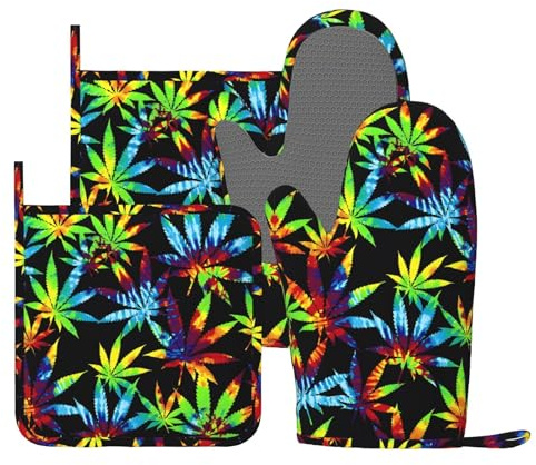 Cool Tie Dye Leaf Oven Mitts And Pot Holders Sets, 4pcs Silicone Non-Slip Kitchen Mitts Potholders Heat Resistant Bbq Gloves Hot Pads For Cooking Grilling Baking Microwave Chef Gifts Decor
