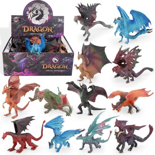 Liberty Imports 12 Pcs Dragon Toy Figures, 5 Large Realistic Hand Painted Mythical Figurines, Assorted Designs for Kids Party Favors & Cake Toppers