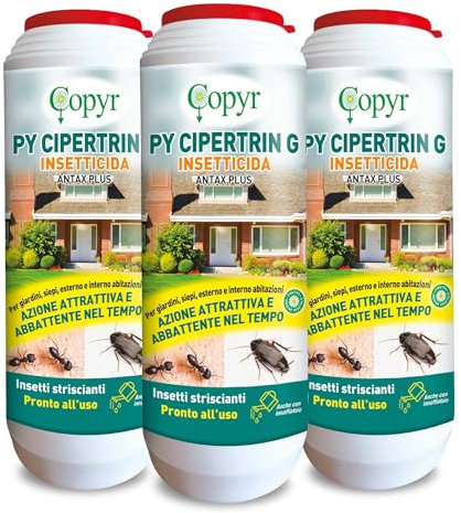 Copyr PY Cipertrin G Antax Plus - Insetticida Microgranulare Pronto all'Uso contro Formiche e Altri Insetti Striscianti, 1Kg x 3 Pz, Azione Attrattiva Abbattente, per Giardini Siepi Esterno e Interno