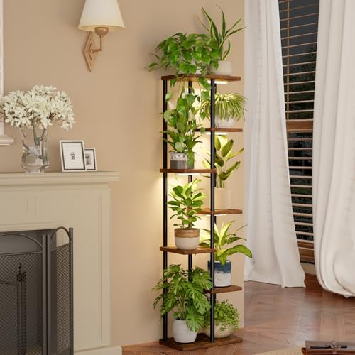Bamworld Pflanzenständer mit Wachstumslicht für Zimmerpflanzen, Ecke, 7 Etagen, Metall-Pflanzenregal, Holzblumenständer für Zuhause, Wohnzimmer, Dekoration, Terrassendekoration