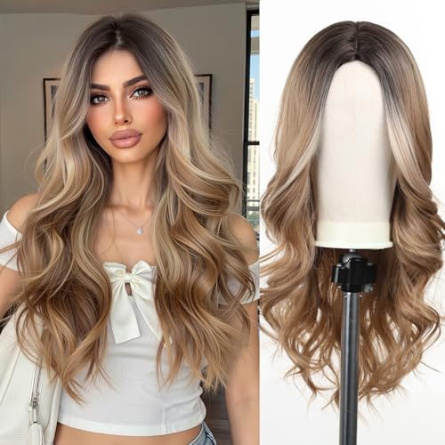 Esmee Long Wavy Dark Blonde Wigs for Women Natural Synthetic Hair Ombre Wig for Daily & Party Use