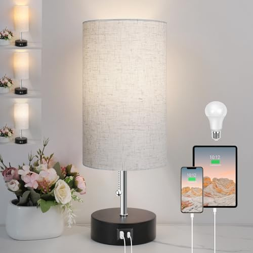 ROTTOGOON Nachttischlampe, Tischlampe mit USB A & C Ladefunktion, Otmeal