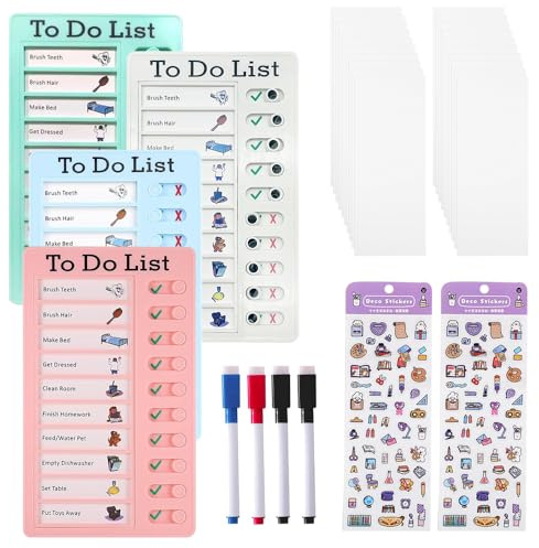 KBIBCK 4 Pezzi To Do List Checklist Board, Lista di Controllo Memo, Lavagne per Liste di Cose da Fare, Tabella Delle Faccende per Bambini con 20 Fogli Bianchi,4 Pennarelli per Lavagna Bianca,4 Adesivi