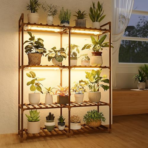 Bamworld porta piante da interno con lampada per la crescita, scaffale per piante a più livelli, supporto per fiori da interno, mensola decorativa per casa e balcone