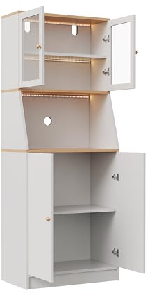 MASAJIA Armadio da cucina alto con luce LED, credenza con ante e piano di lavoro, mobile alto portaoggetti per cucina, sala da pranzo, soggiorno, 70 x 40 x 180 cm (Bianco)