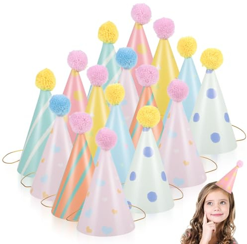 DIYEAH 14 cappelli di carta per compleanno per bambini - cappelli da festa a cono con pompon - cappellino per compleanno per bambini, copricapo per feste di piccoli, accessori per photo booth