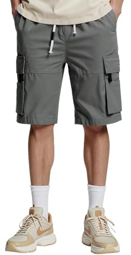 PrimeCrest Pantalones Cortos Hombre Cargo Algodon Bermudas con Bolsillos Verano Estilo Trabajo Casual Cordón Ajustable Cintura Elástica Deporte Gym Holgados Leisure Shorts Gris M