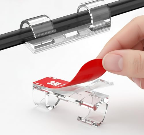 100 Clips de Cable Autoadhesivos Transparentes, Fuertes Sujetacables para Gestión de Cables, Organizador de Cables para Escritorio, Pared, PC y TV, Fijación para Cables hasta 7mm