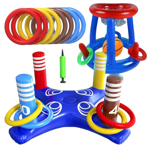 Uppblåsbara Pool Basketleksaker, Uppblåsbar Pool Ringkastningsspel Set med 8 Ringar 1 Boll och 1 Luftpump, Slitstark Tjock PVC, Flytande Basketkorg för Utomhus Strand Trädgård Festspel A