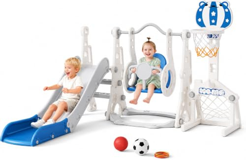 Tobogán Infantil 6 en 1 con Estructura para trepar, Canasta de Baloncesto y portería de fútbol – Set de tobogán de plástico para Interiores – Juguete Montessori