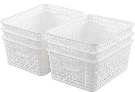 Wekioger 6 Packs Plastic Weave Storage Baskets Bins for Pantry, White