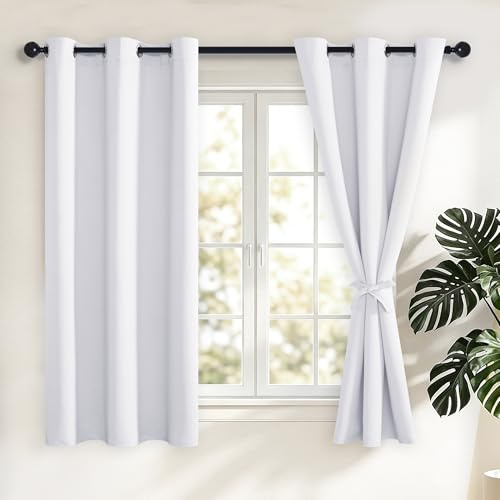 Hiasan Mörkläggningsgardiner med öljetter, grå vita ogenomskinliga gardiner, 2 stycken, 117 x 137 cm (bredd x höjd), mjuka skjutgardiner för sovrum, vardagsrum etc.