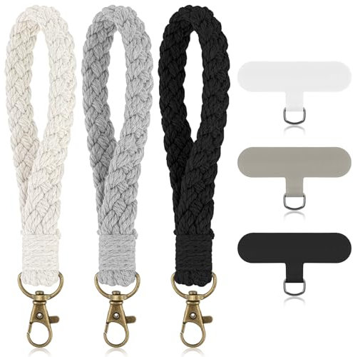 Mabor 3 Stück Macrame Schlüsselanhänger Boho Universal Handyband Kurz mit 3 Stück Patch Schlüsselanhänger Armband Schlüsselband Damen für Männer und Frauen Smartphone(Weiß Grau Schwarz)